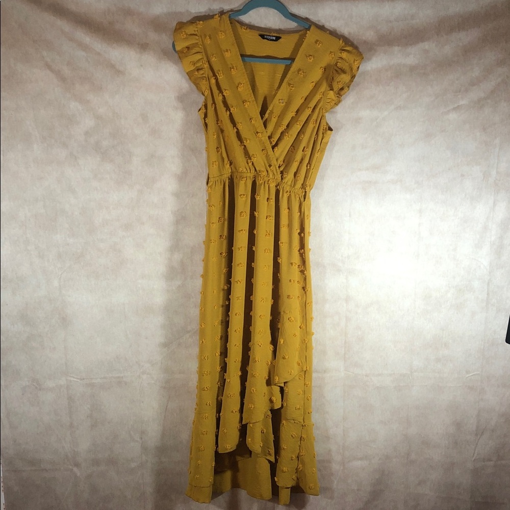 Y2K Babydoll Mustard Maxi Dress with Asymmetric Ruffle Hem